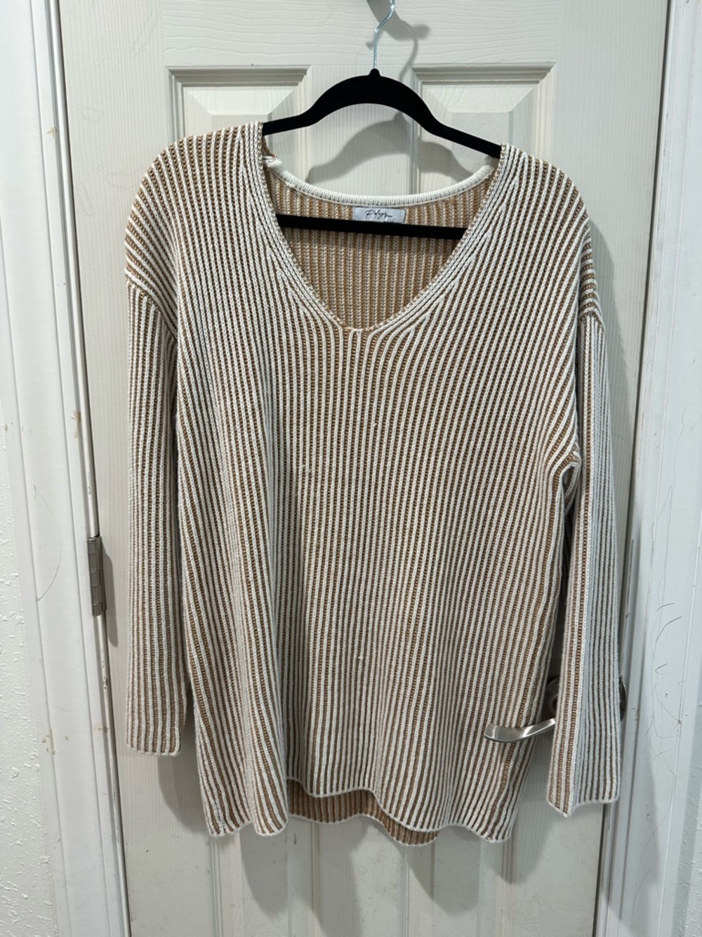Polagram Beige and Cream Striped V-Neck Sweater Set